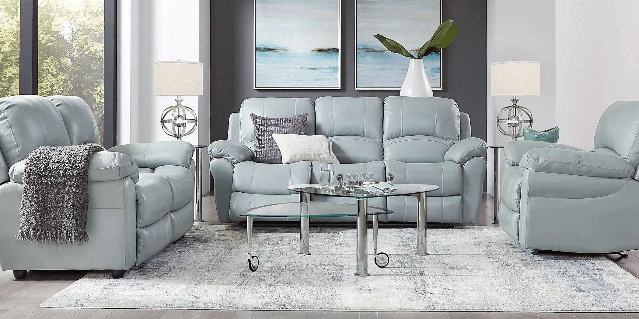 Vercelli Aqua Leather 7 Pc Living Room with Reclining Sofa