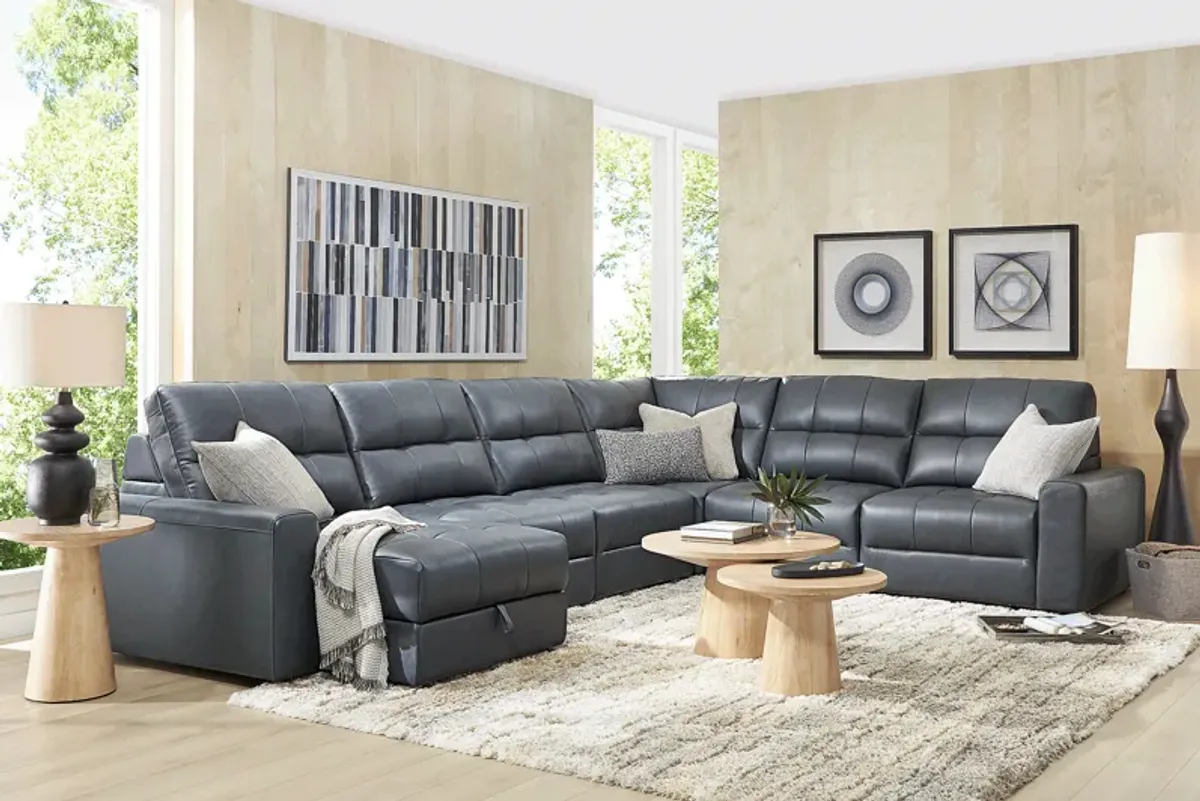Meriwether Slate Blue Leather 6 Pc Power Slider Sectional