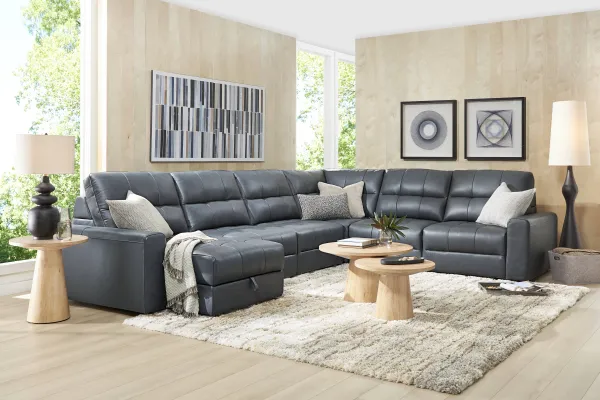 Meriwether Slate Blue Leather 6 Pc Power Slider Sectional