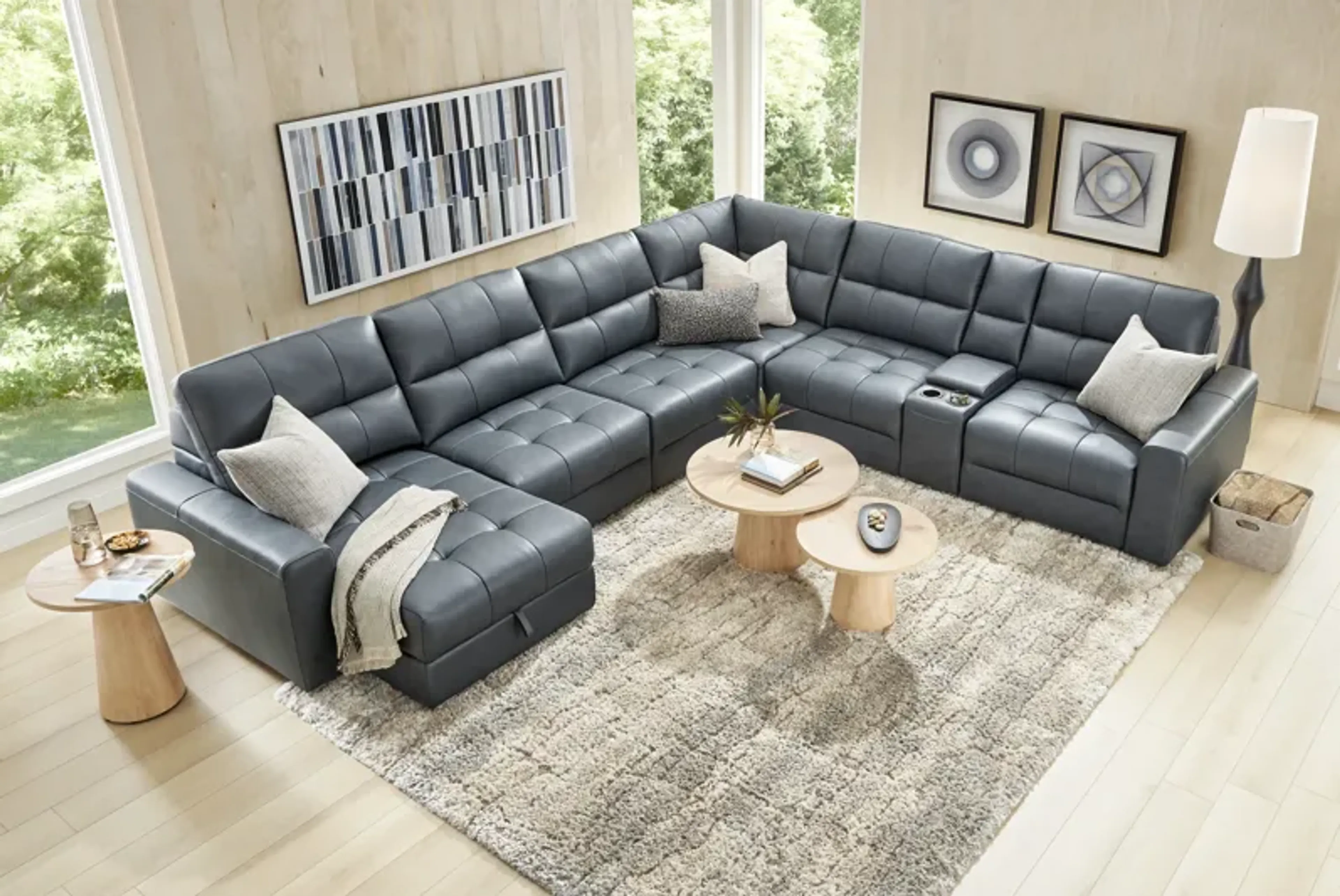 Alessio Navy Leather 6 Pc Dual Power Reclining Sectional