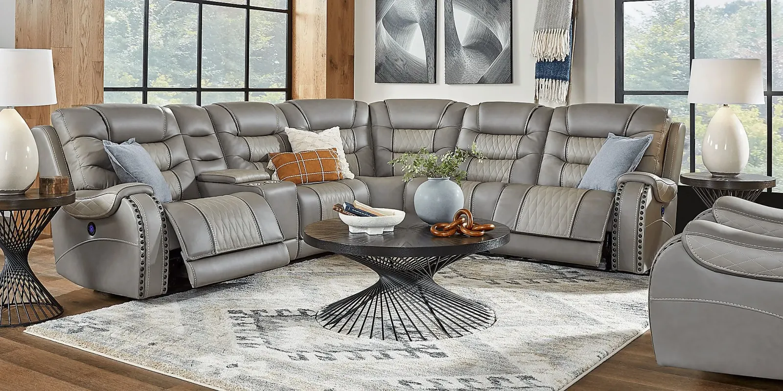 Eric Church Highway To Home Headliner Gray Leather 9 Pc Dual Power Reclining Sectional Living Room