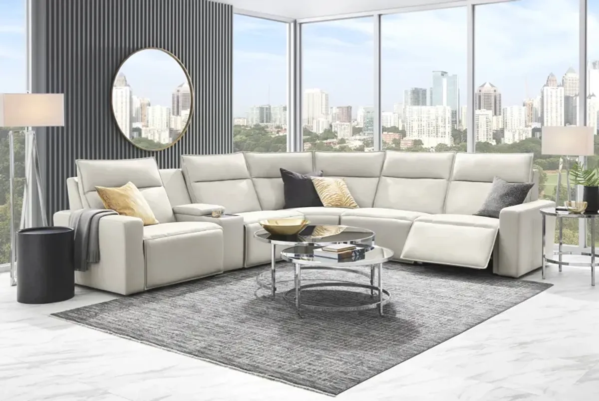 Light Gray Leather 6 Pc Dual Power Reclining ModularTwo with Media Console