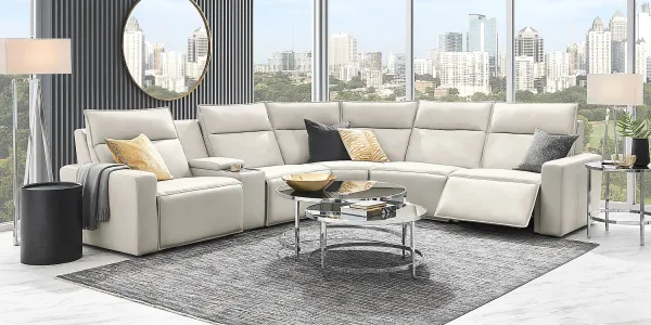 Light Gray Leather 6 Pc Dual Power Reclining ModularTwo with Media Console