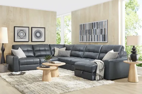 Meriwether Slate Blue Leather 6 Pc Power Slider Sectional