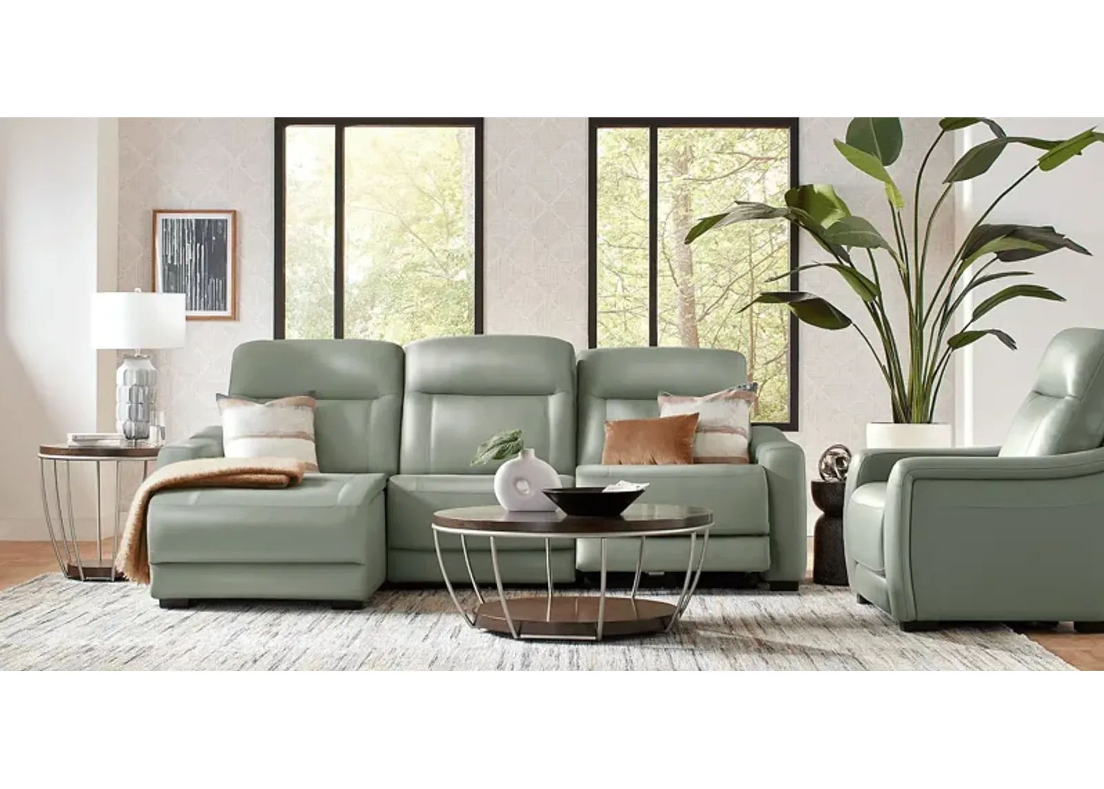 Newport Mint Leather 6 Pc Dual Power Reclining Sectional Living Room