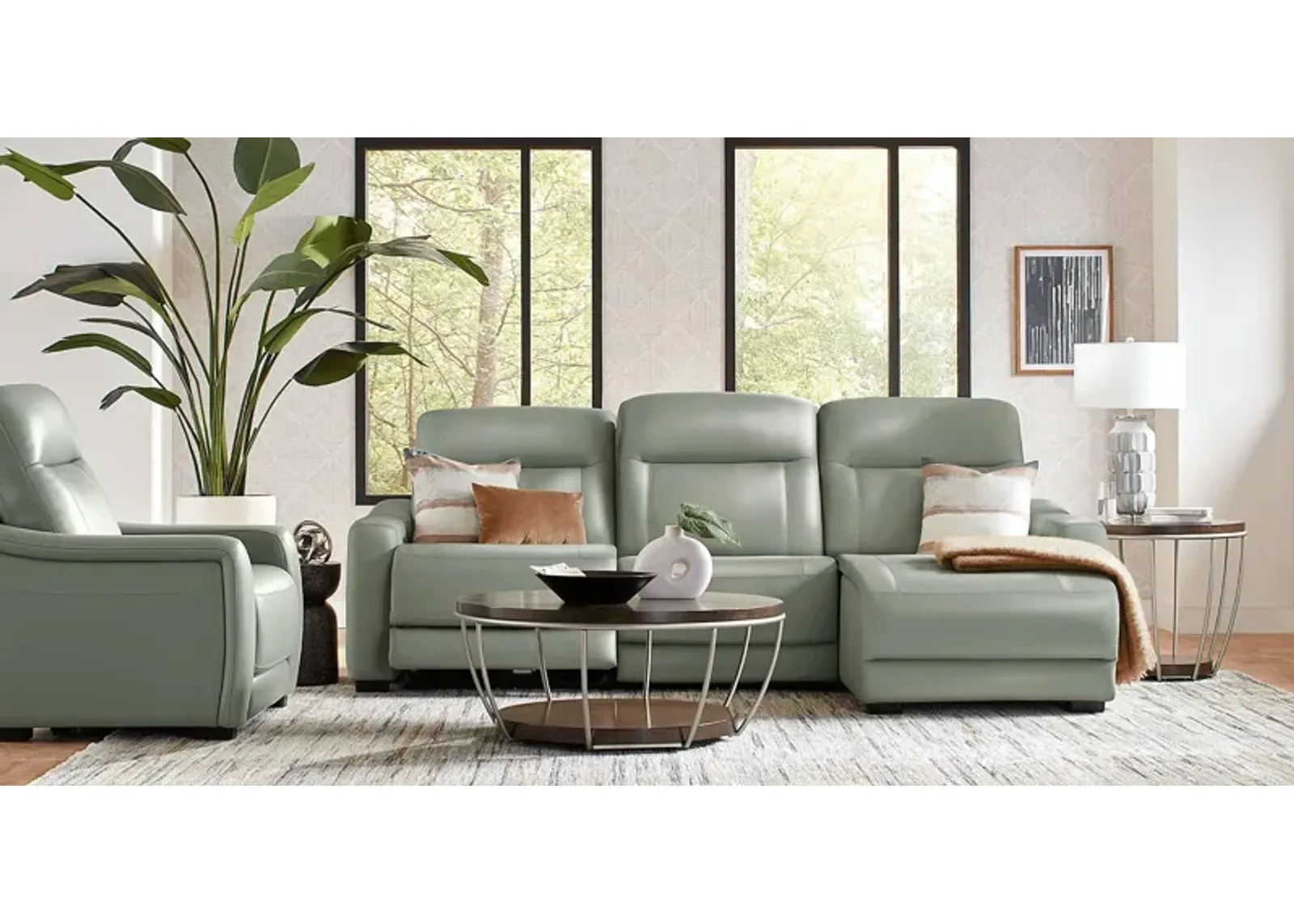 Newport Mint Leather 6 Pc Dual Power Reclining Sectional Living Room