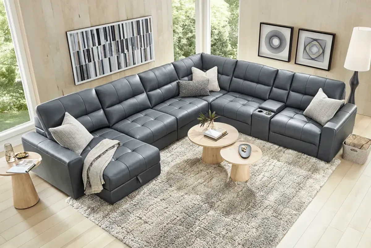 Meriwether Slate Blue Leather 7 Pc Power Slider Sectional