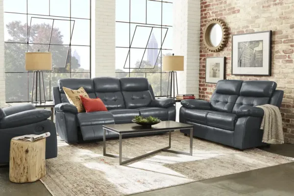 Antonin Blue Leather 3 Pc Reclining Living Room