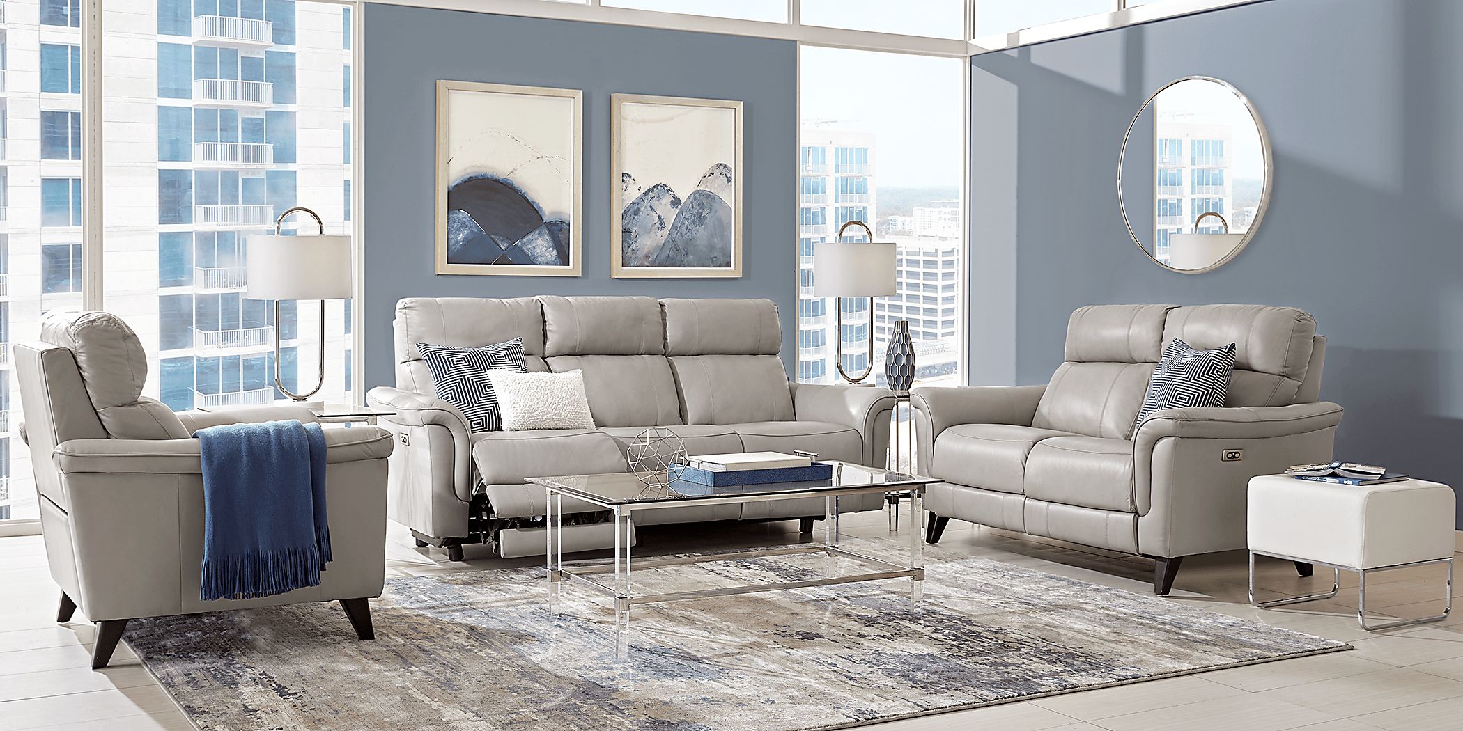 Avezzano Stone 5 Pc Leather Living Room with Dual Power Reclining Sofa