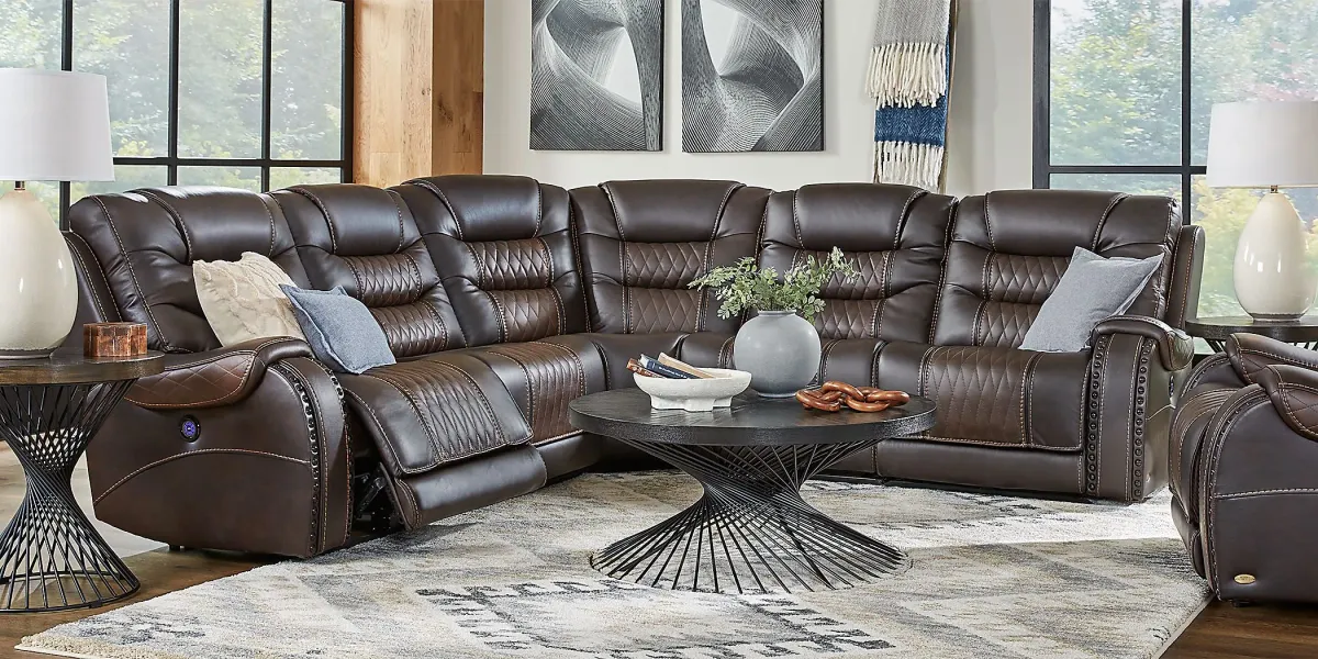 Headliner Brown Leather 5 Pc Dual Power Reclining Sectional