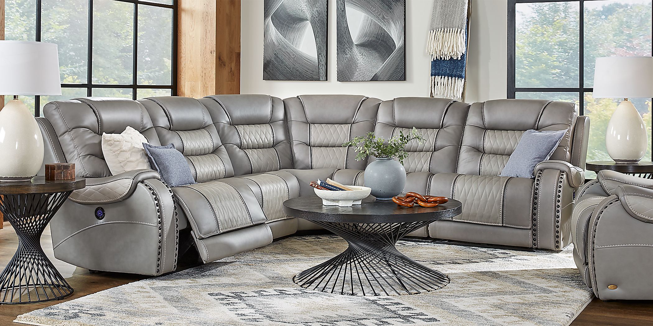 Headliner Gray Leather 5 Pc Dual Power Reclining Sectional