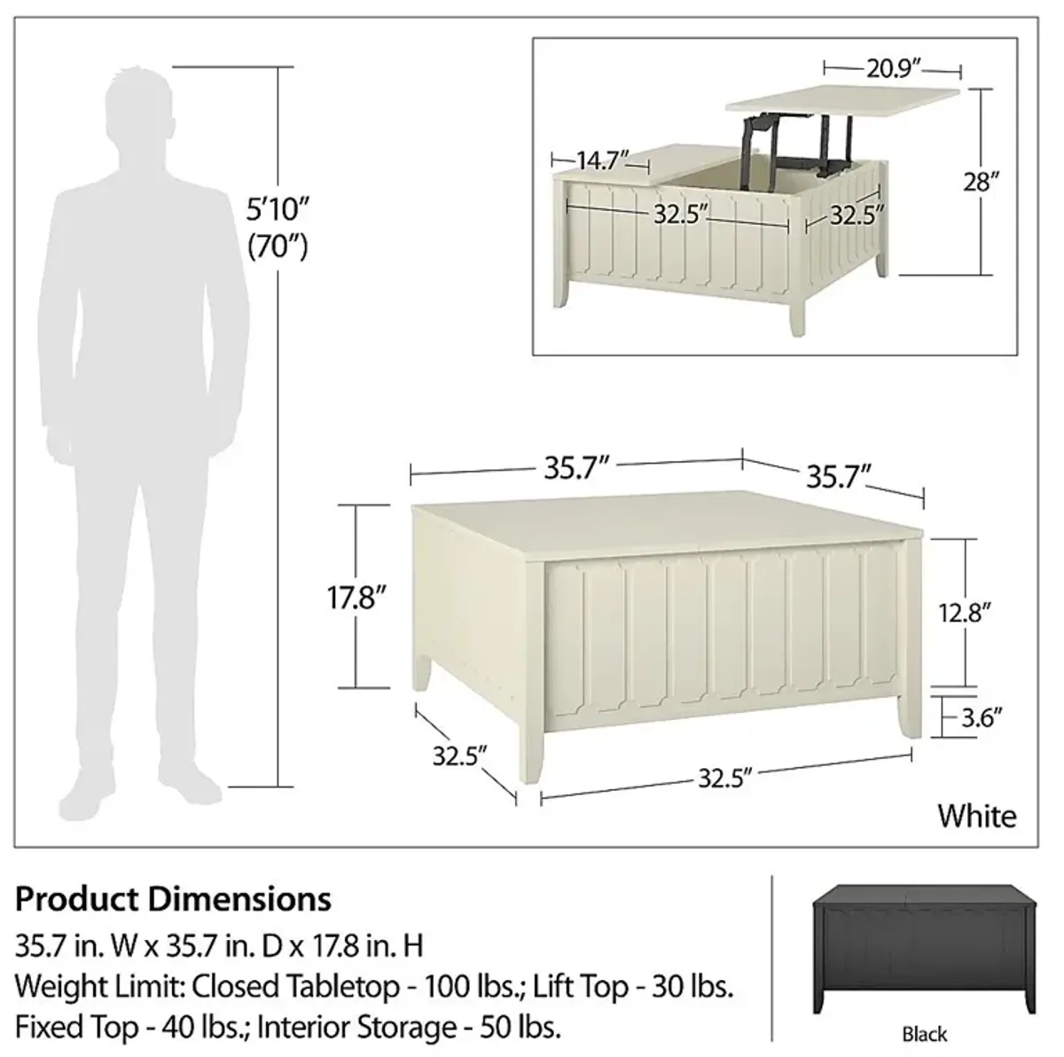 Anselma White Lift-Top Cocktail Table