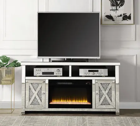 Brookley Silver 59 in. Console, With Electric Fireplace