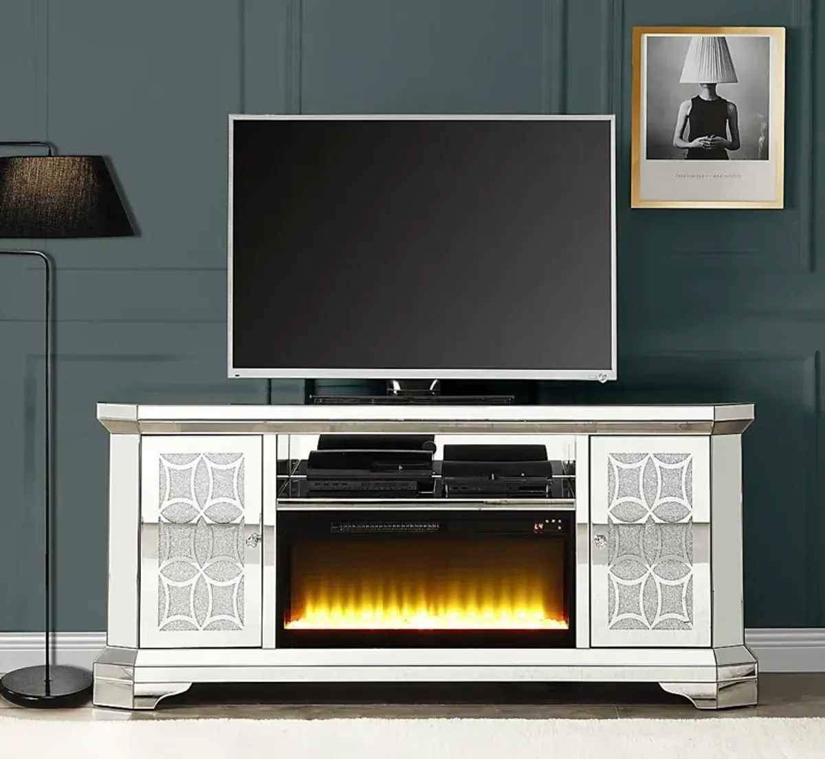 Carlingford Silver 67 in. Console, With Electric Fireplace