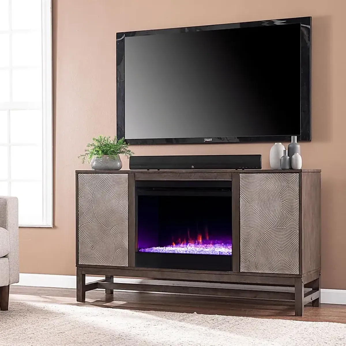 Lysander I Brown 54 in. Console, With Color Changing Electric Fireplace