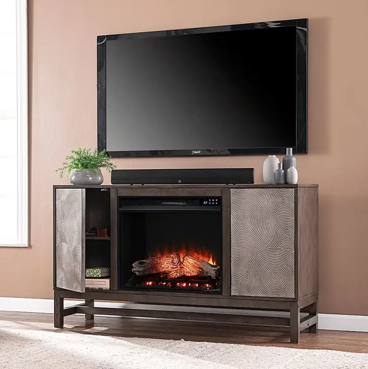 Lysander IV Brown 54 in. Console, With Touch Panel Electric Log Fireplace