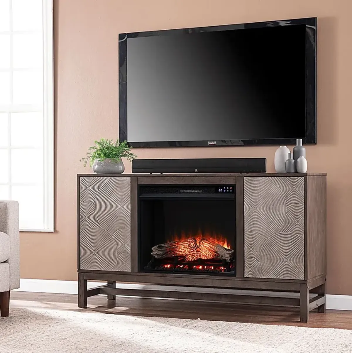 Lysander IV Brown 54 in. Console, With Touch Panel Electric Log Fireplace