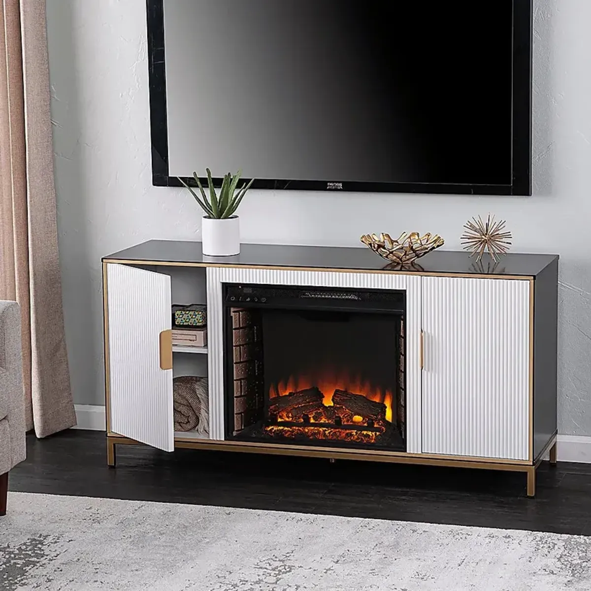 Rascher II White 54 in. Console, With Electric Fireplace