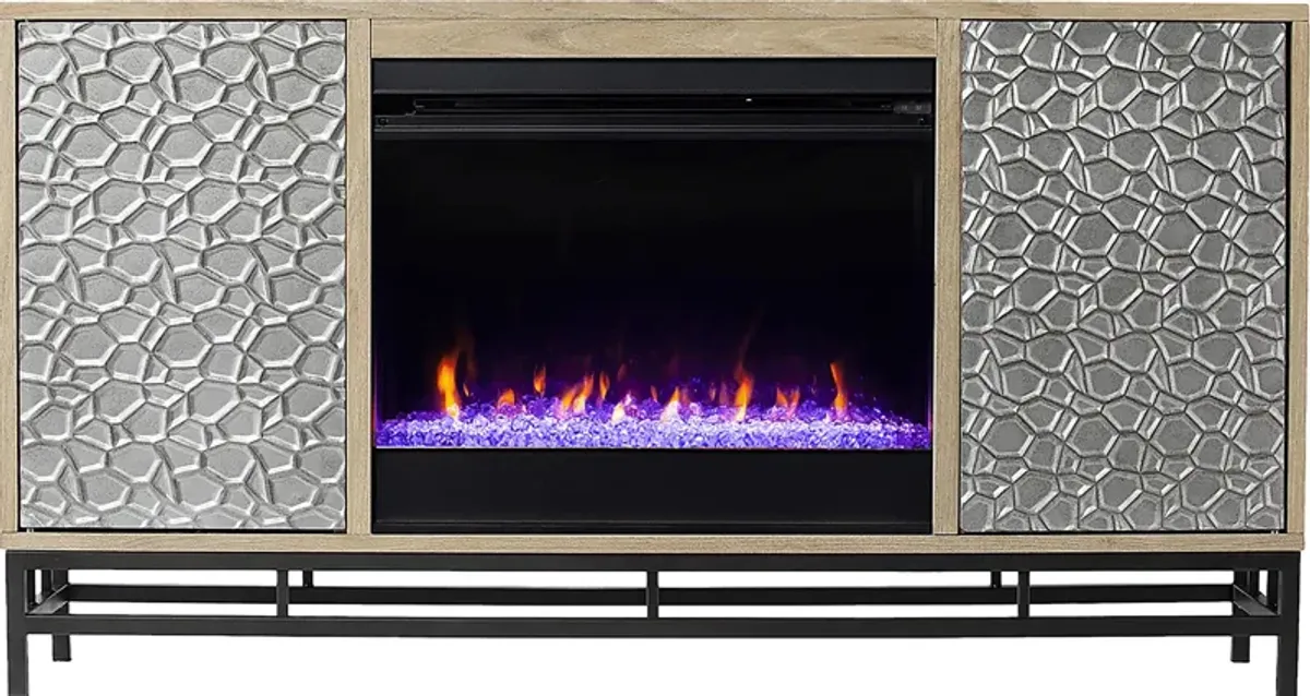 Angevine I Natural 54 in. Console, With Color Changing Electric Fireplace