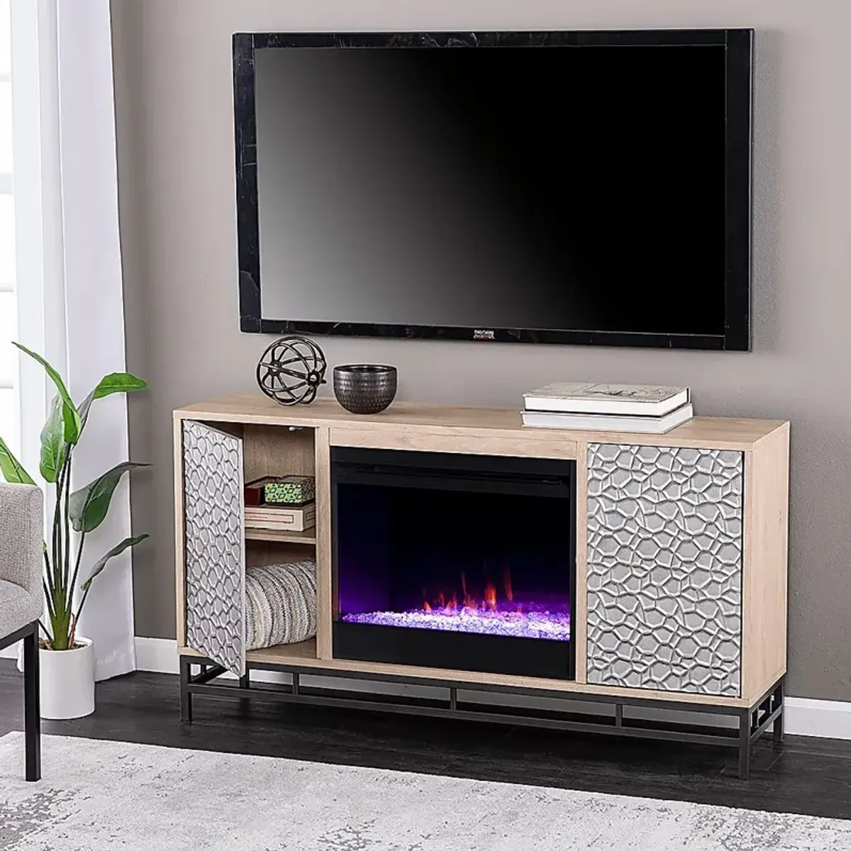 Angevine I Natural 54 in. Console, With Color Changing Electric Fireplace