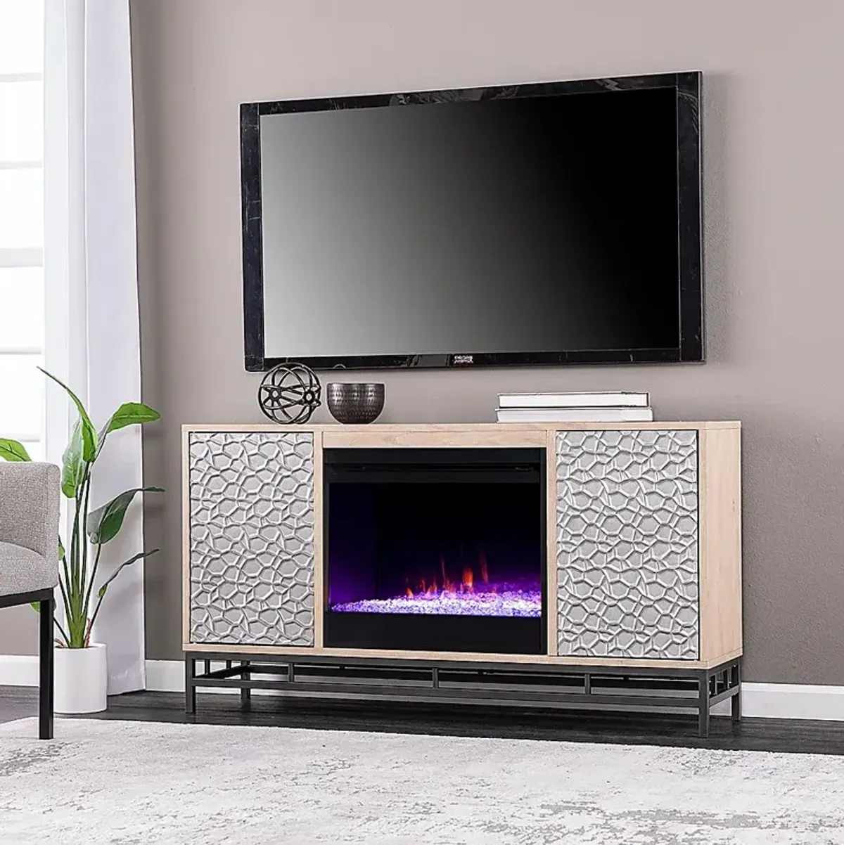 Angevine I Natural 54 in. Console, With Color Changing Electric Fireplace