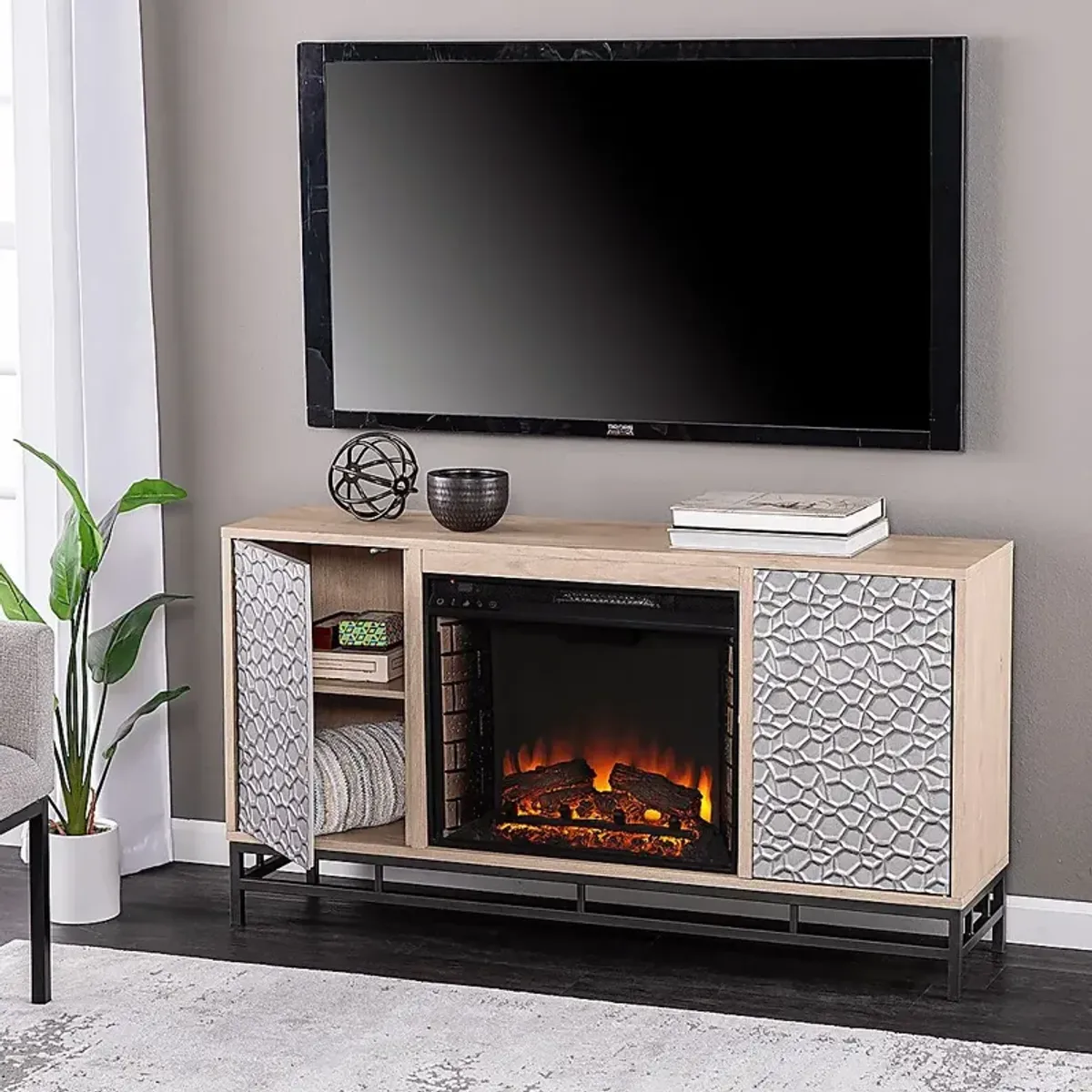 Angevine II Natural 54 in. Console, With Electric Log Fireplace