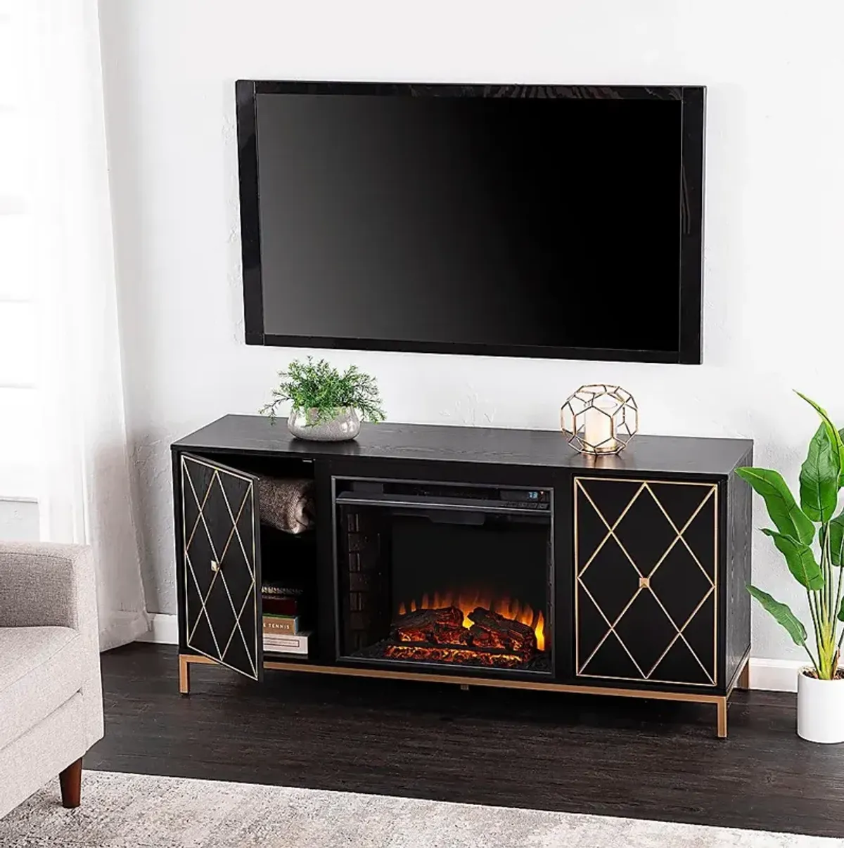 Tattershal II Black 58 in. Console, With Electric Fireplace