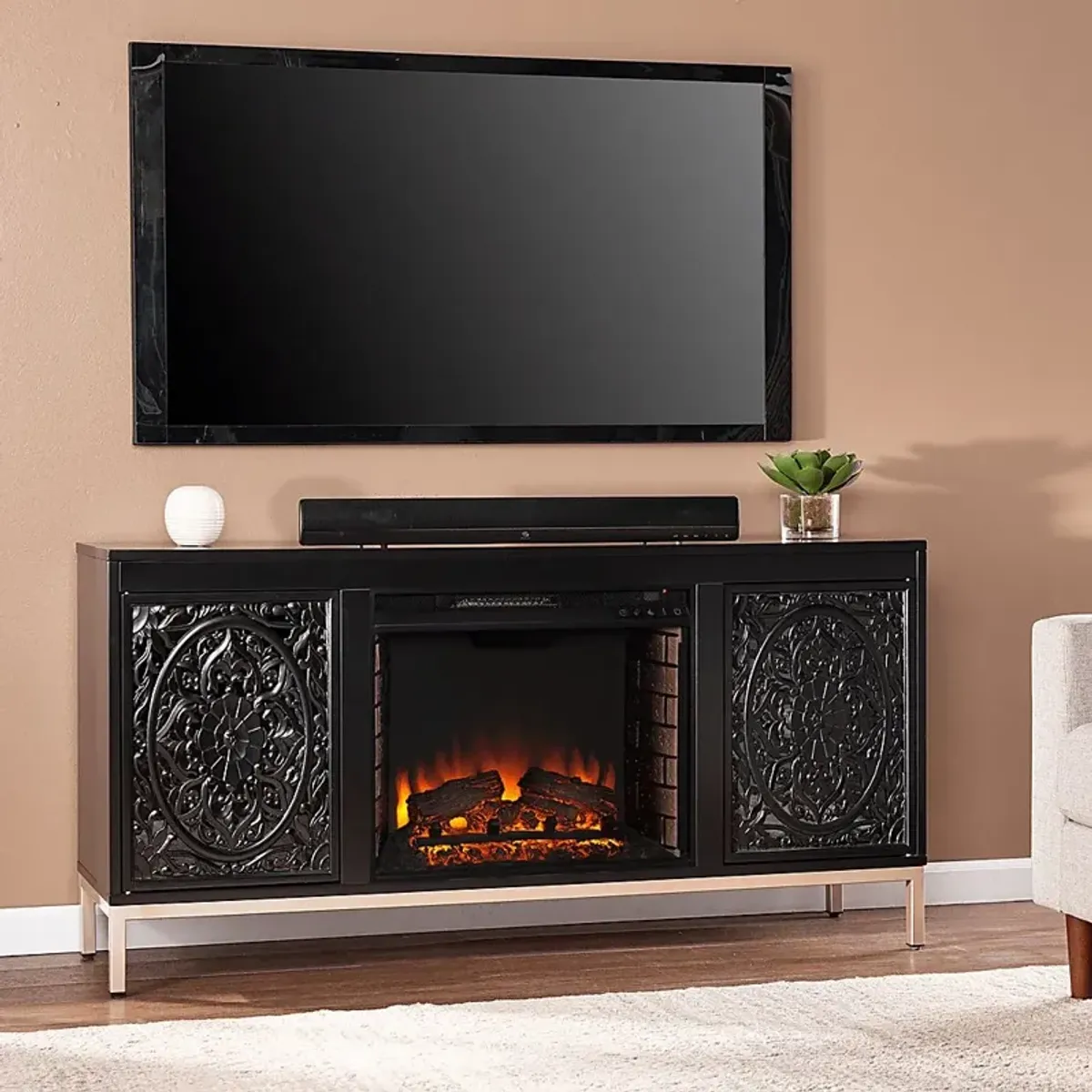 Baillon II Black 58 in. Console With Electric Log Fireplace