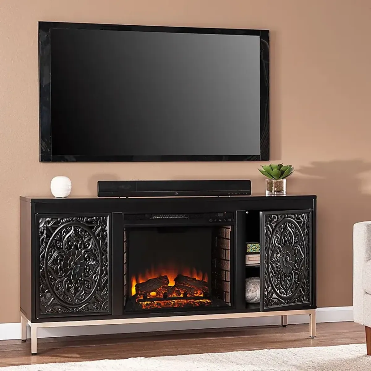 Baillon II Black 58 in. Console With Electric Log Fireplace