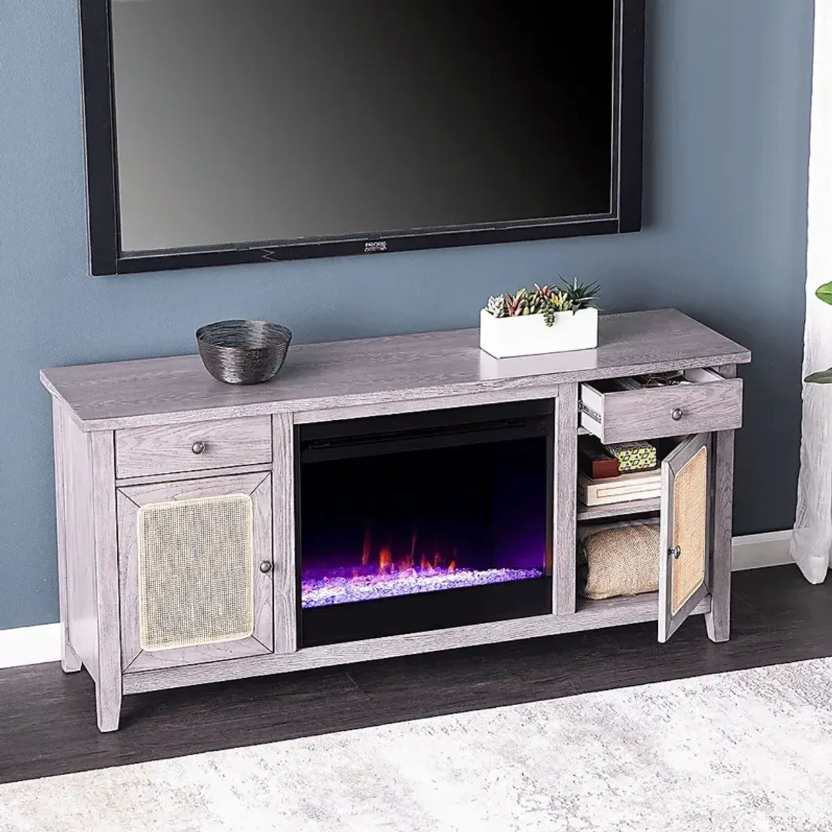 Welford I Gray 58 in. Console with Color Changing Fireplace