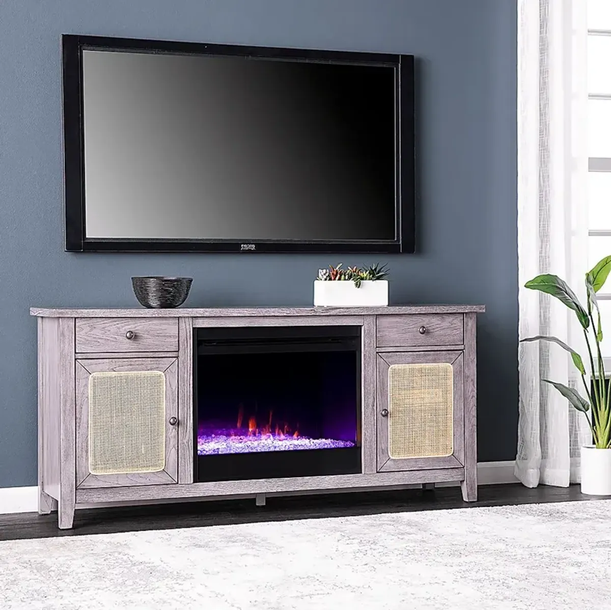 Welford I Gray 58 in. Console with Color Changing Fireplace