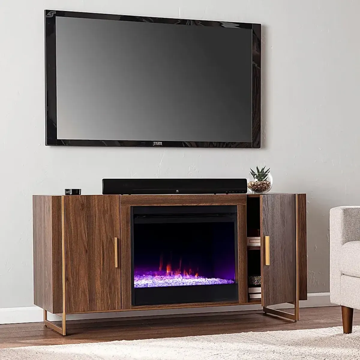 Buckthorne I Brown 55 in. Console, With Color Changing Electric Fireplace