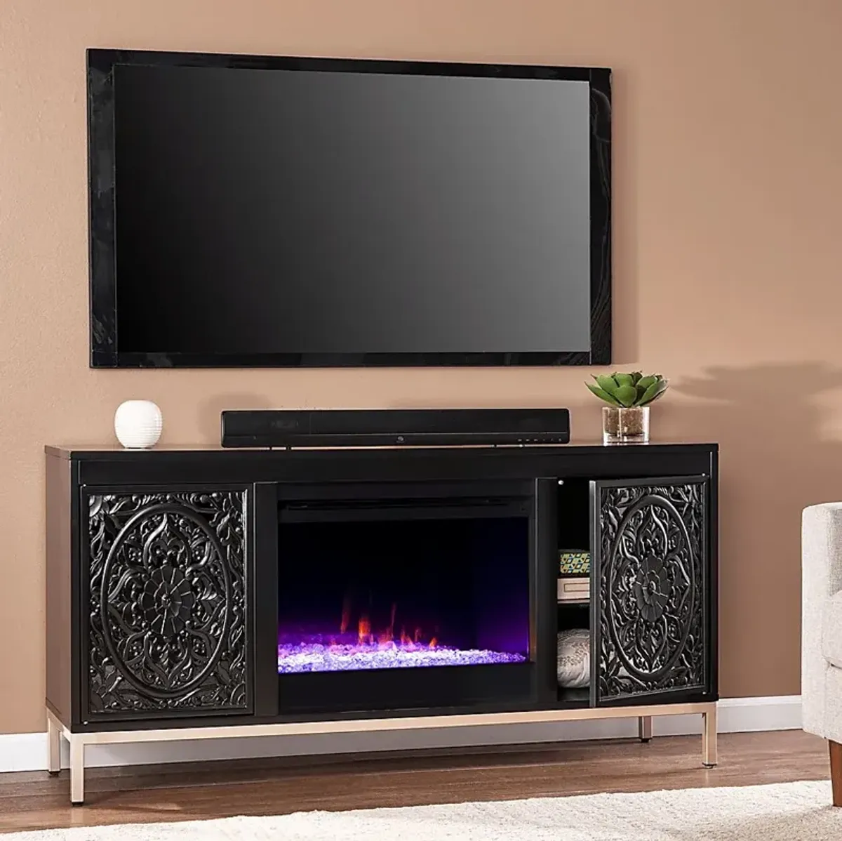 Baillon I Black 58 in. Console, With Color Changing Electric Fireplace