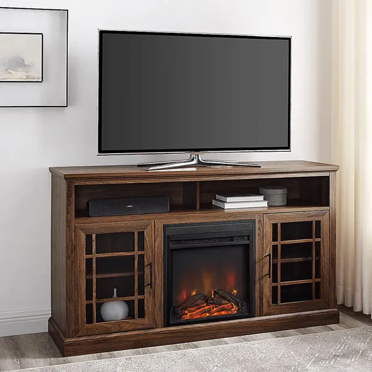 Cannongate Walnut 58 in. Console, With Electric Fireplace