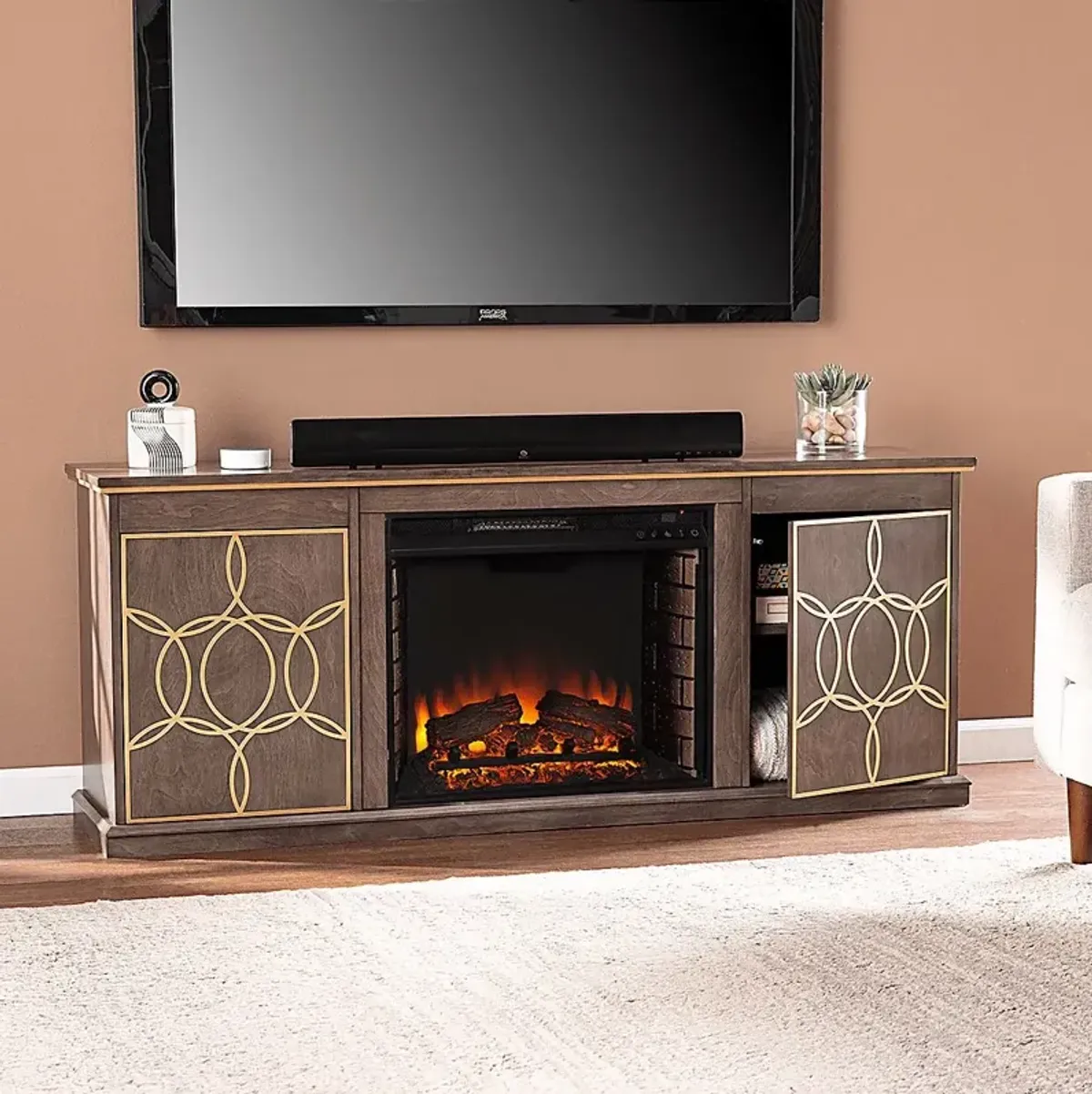 Stagwood II Brown 60 in. Console With Electric Log Fireplace