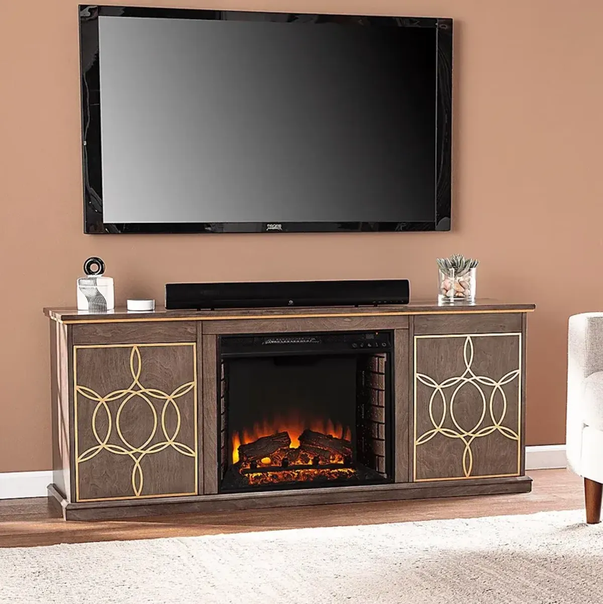 Stagwood II Brown 60 in. Console With Electric Log Fireplace