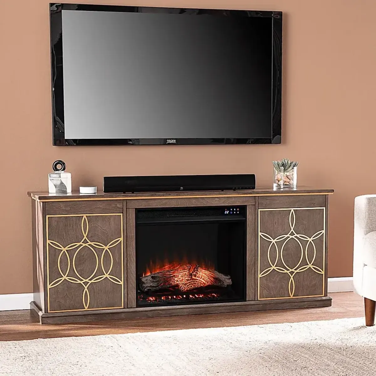 Stagwood IV Brown 60 in. Console With Touch Panel Fireplace