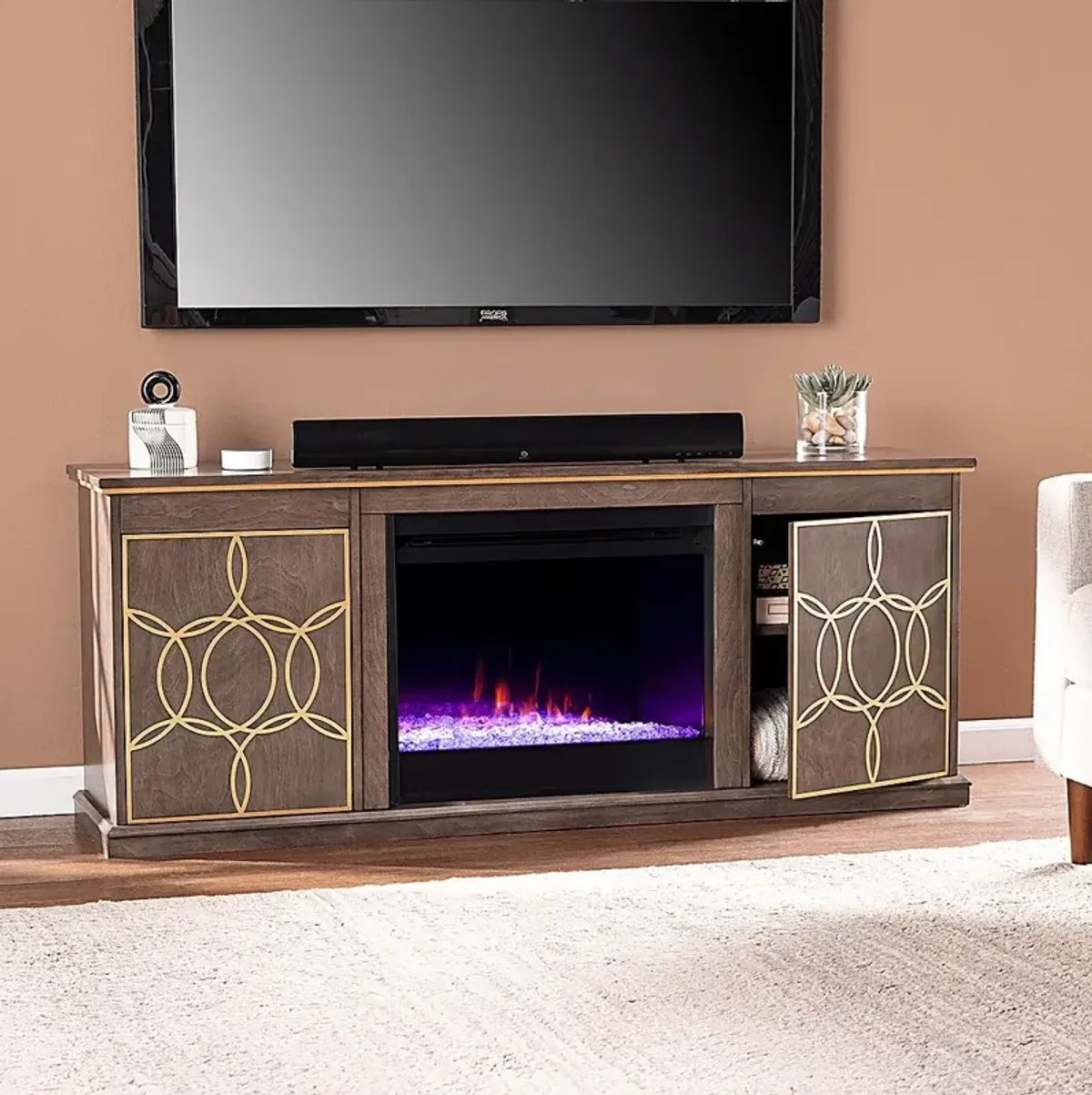 Stagwood I Brown 60 in. Console, With Color Changing Electric Fireplace