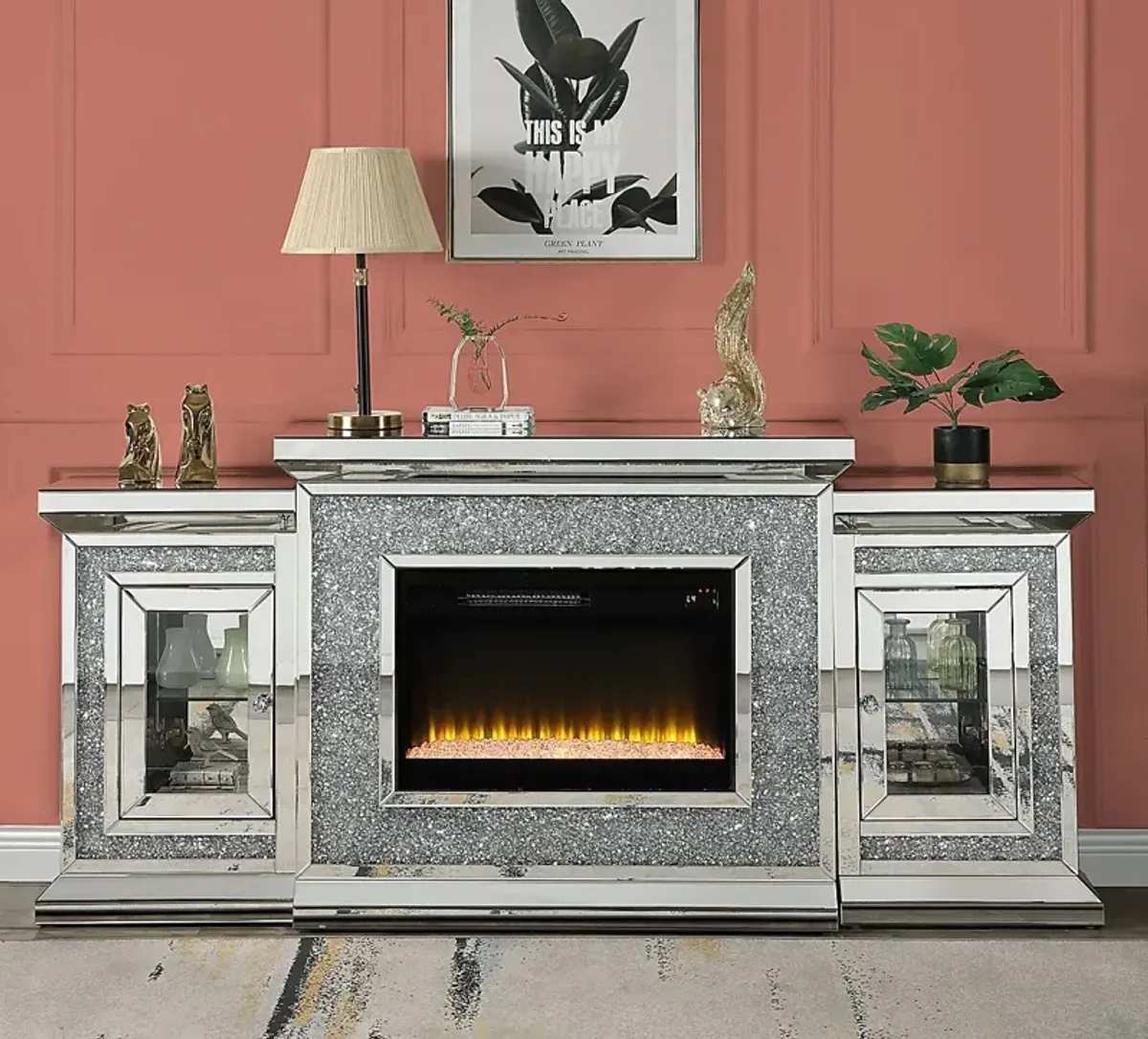 Cavelle Silver 67 in. Console, With Electric Fireplace