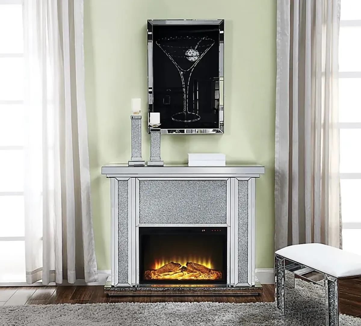 Olinger Silver 47 in. Console, With Electric Fireplace