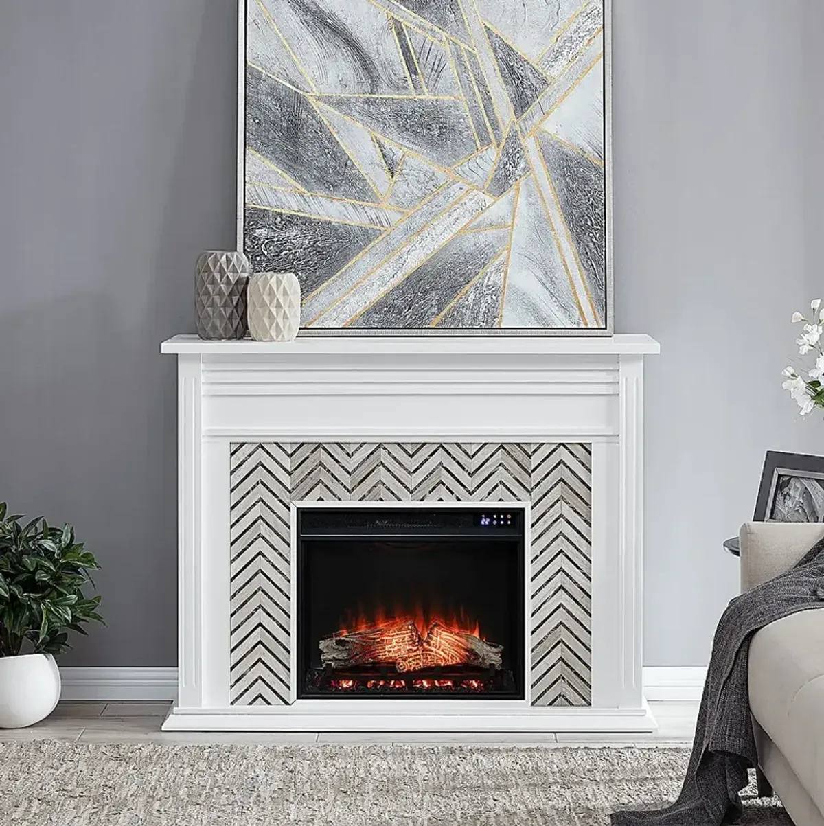 Hazelhurst IV White 50 in. Console With Touch Panel Electric Fireplace