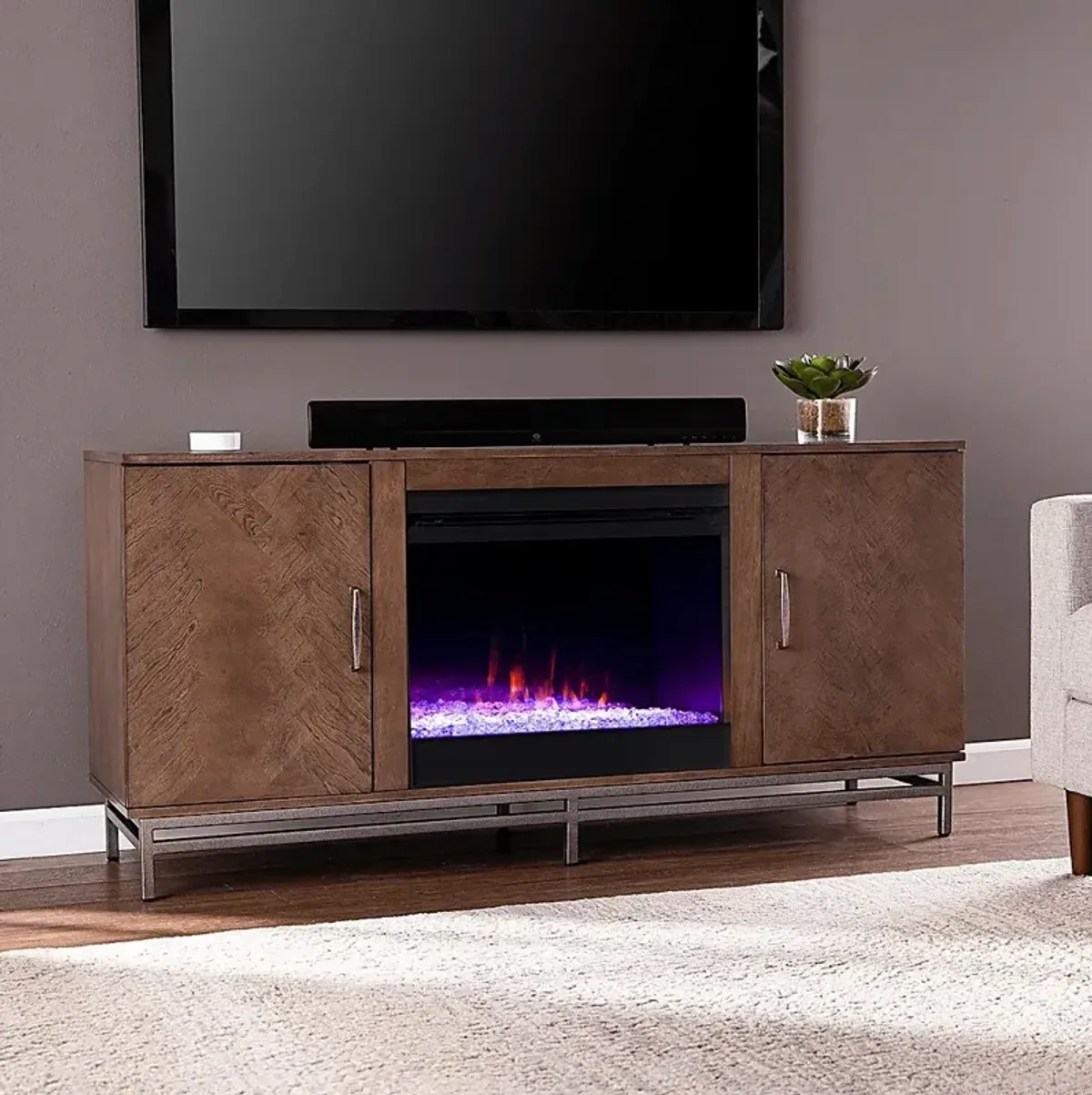 Varlet I Brown 60 in. Console, With Color Changing Electric Fireplace