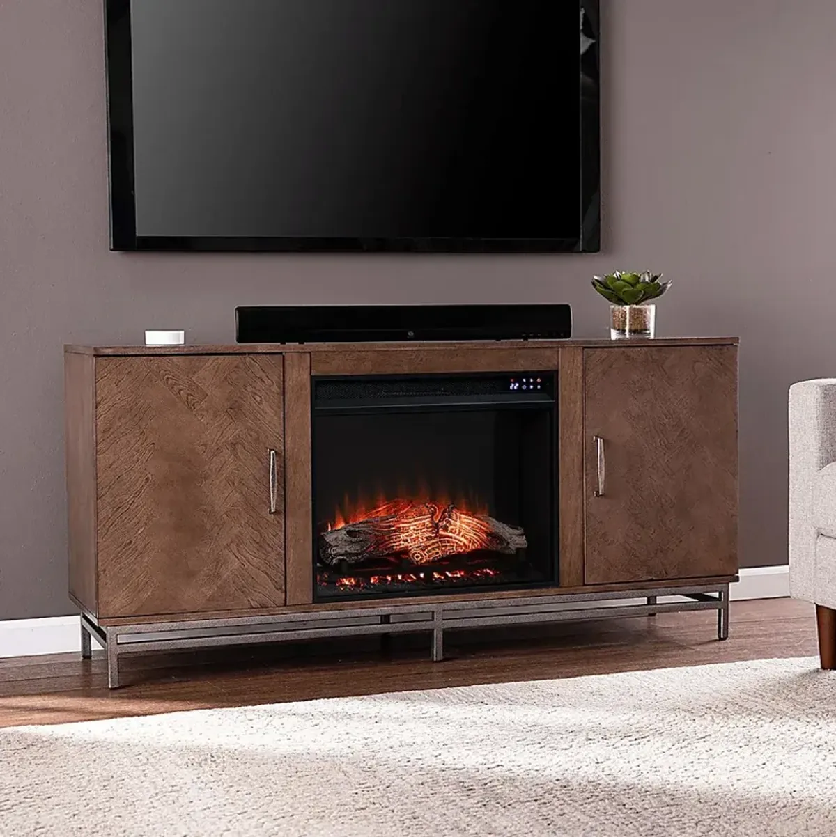 Varlet IV Brown 60 in. Console With Touch Panel Electric Log Fireplace