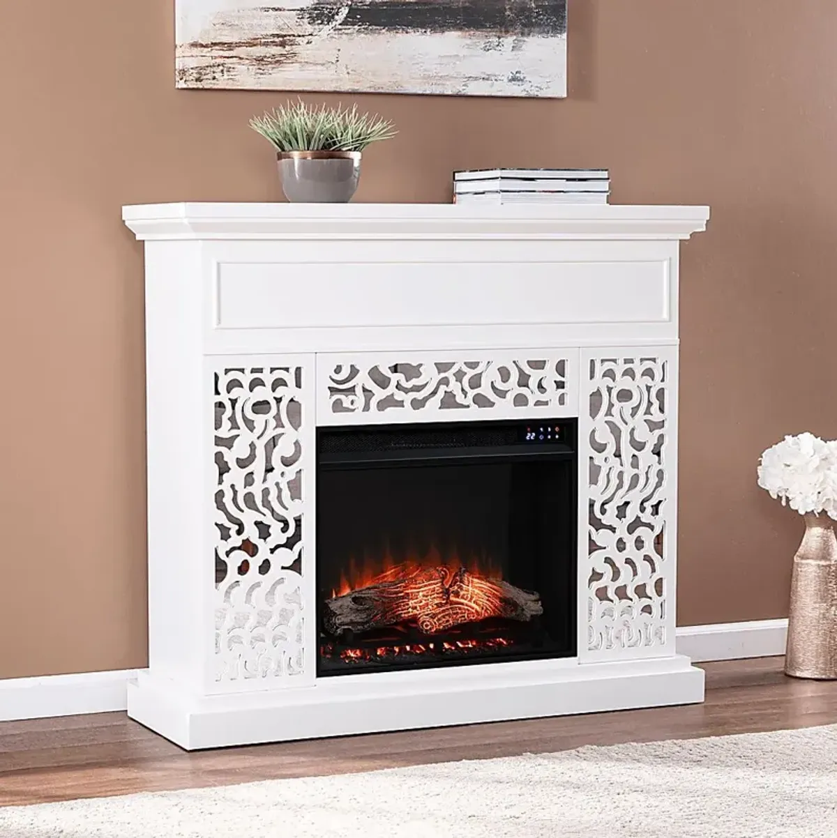 Ennismore IV White 46 in. Console, With Touch Panel Electric Log Fireplace