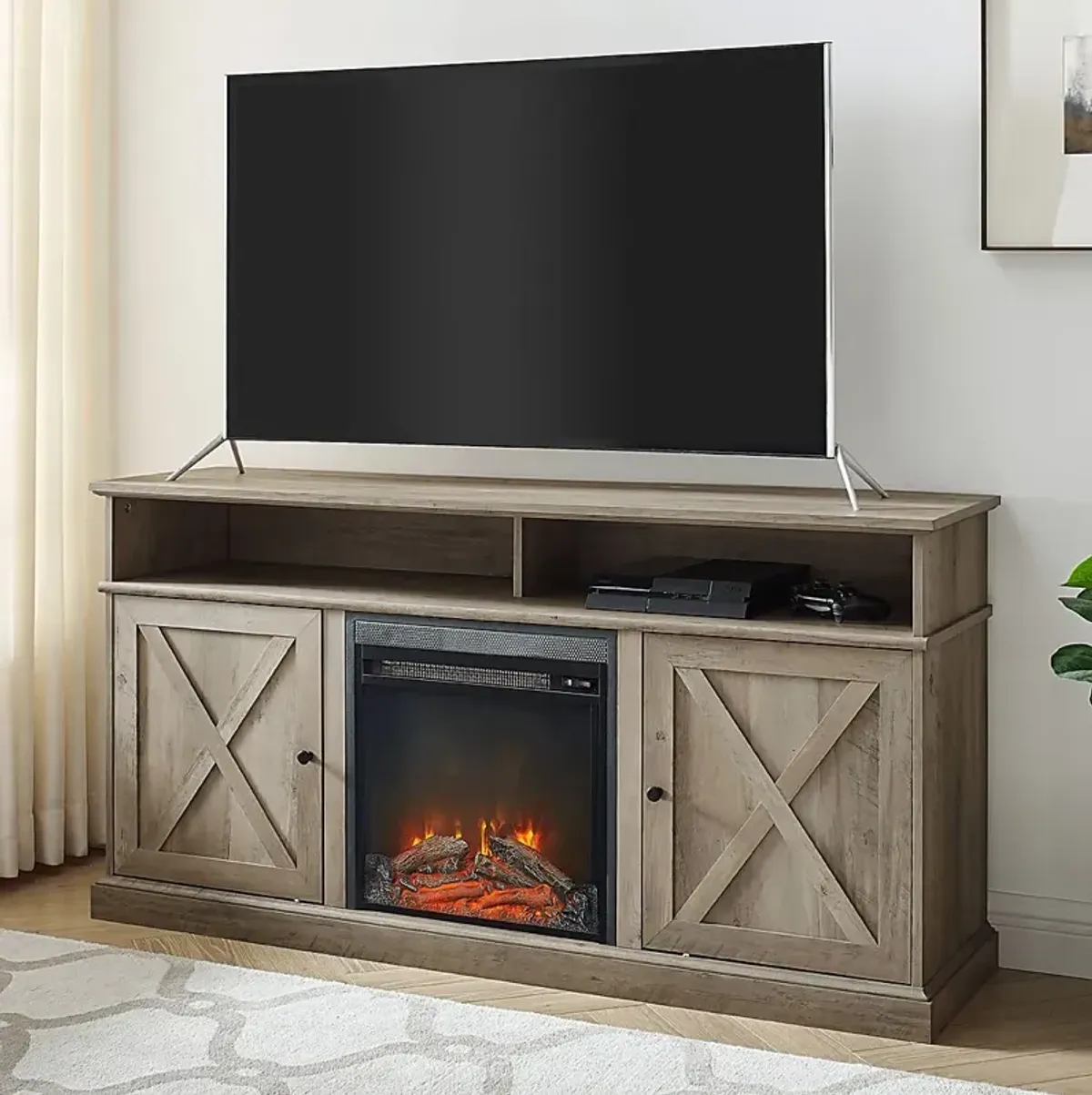 Kilmersdon Gray 60 in. Console, With Electric Fireplace