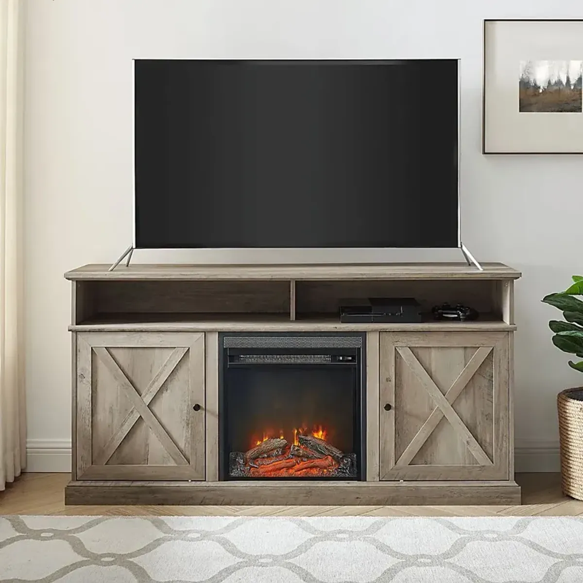 Kilmersdon Gray 60 in. Console, With Electric Fireplace