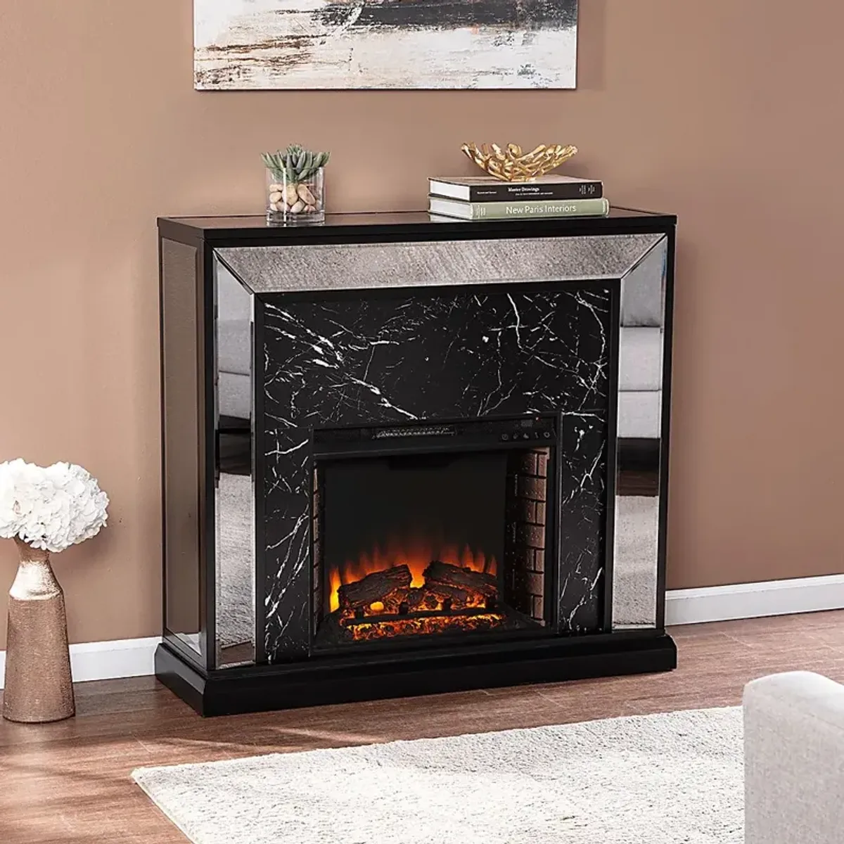 Levering II Black 44 in. Console, With Electric Log Fireplace