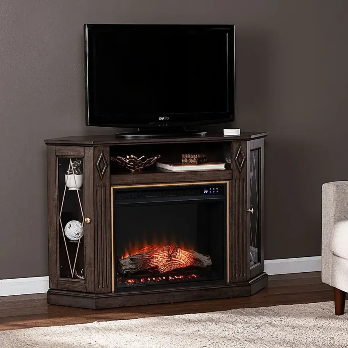 Brockdell IV Brown 47 in. Console, With Touch Panel Electric Log Fireplace