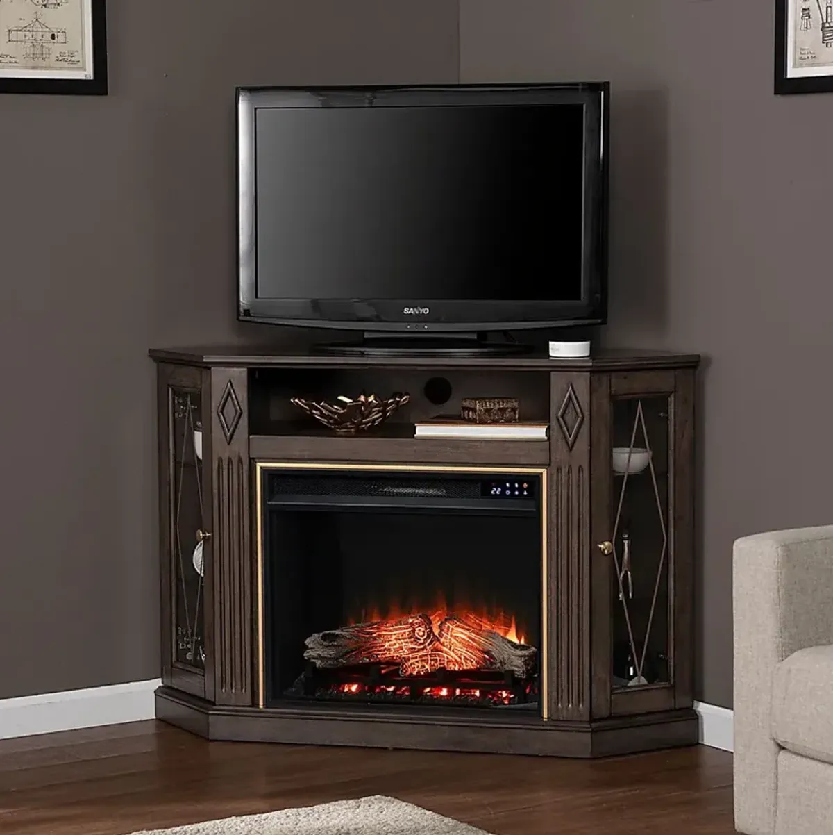 Brockdell IV Brown 47 in. Console, With Touch Panel Electric Log Fireplace