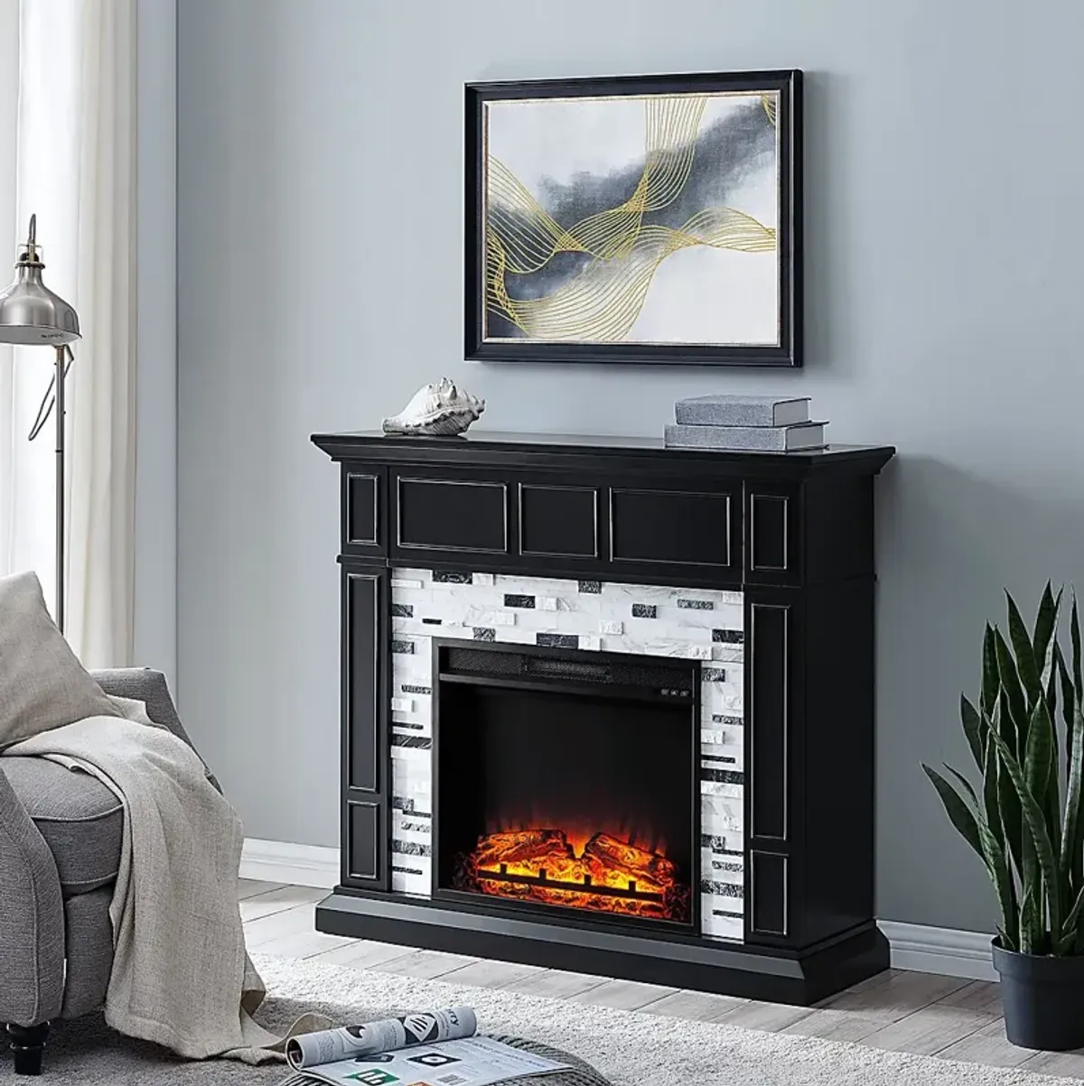 Doliver V Black 46 in. Console with Electric Fireplace